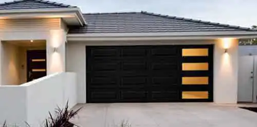 Modern black flush garage door installation in arizona safari garage door and gate safari garage door and gate Modern black flush garage door with slim side windows installed on Arizona home